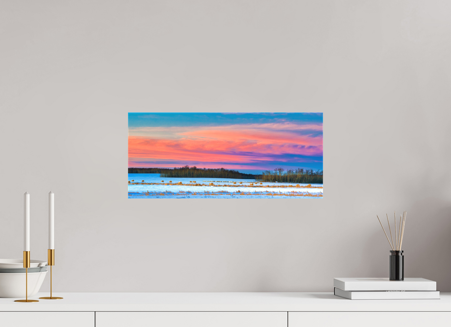 18.7 x 8″, Fine Textile Canvas Hay Bales on Winter Morn