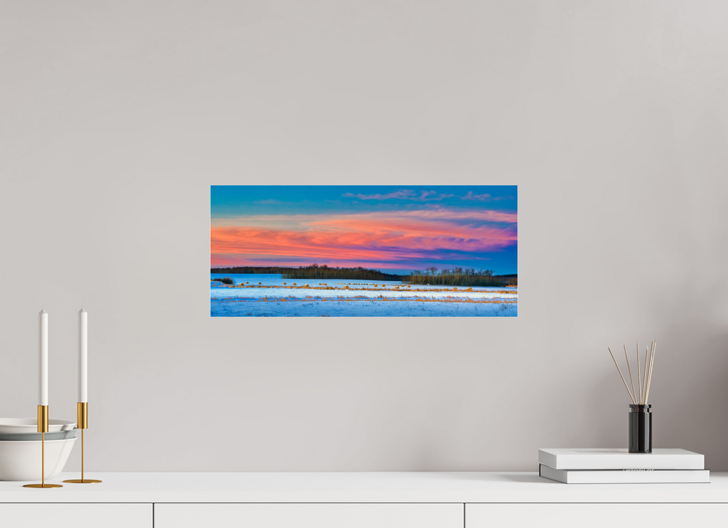 18.7 x 8″, Photo Print Under Acrylic Glass Hay Bales on Winter Morn Metal Acrylic Glass