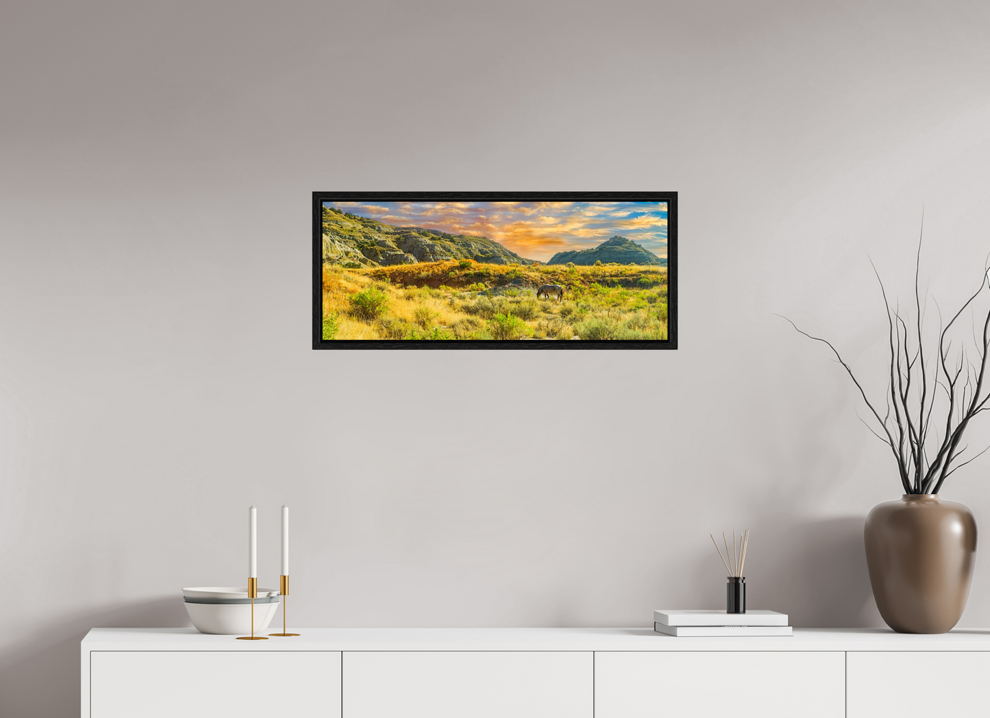 30 x 12″, Floater Frame Badlands Horse On acrylic Glass