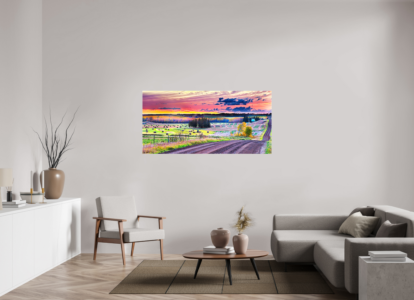 63.9 x 31″, Stretched Canvas Sunrise over Hay Harvest