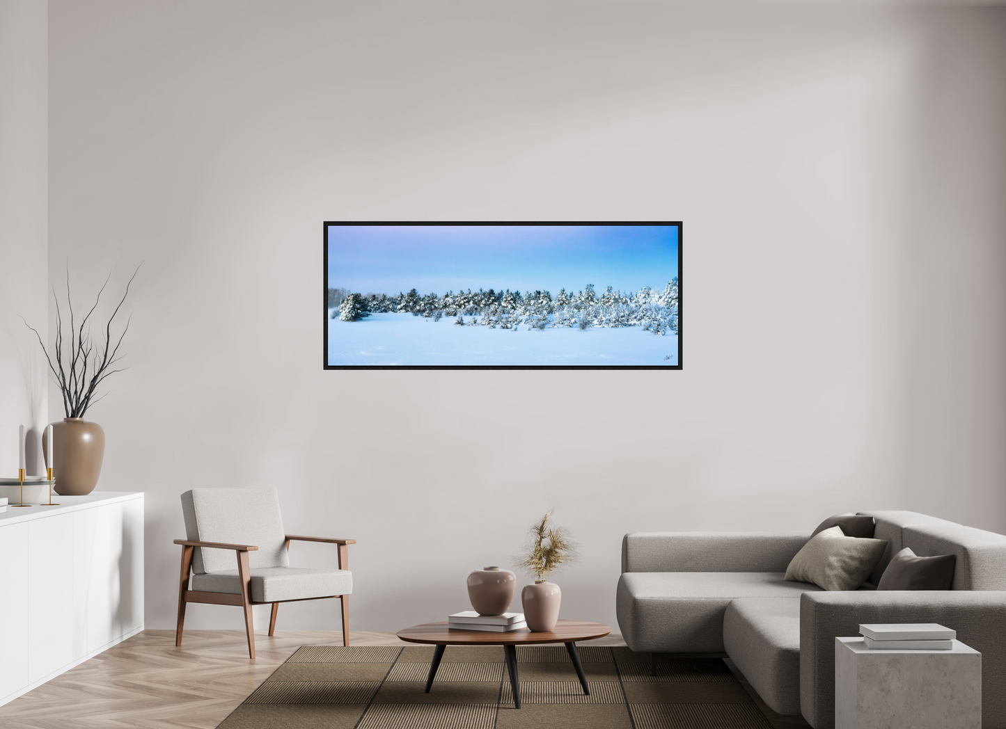 70 x 28″, Floater Frame winters wonderland pastel