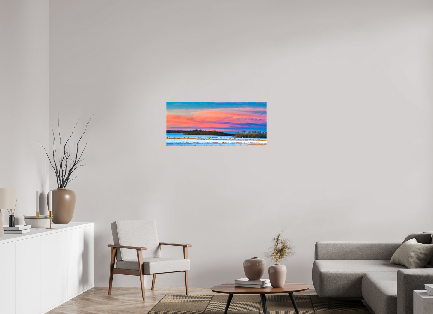 37.4 x 16″, Stretched Canvas Hay Bales on Winter Morn