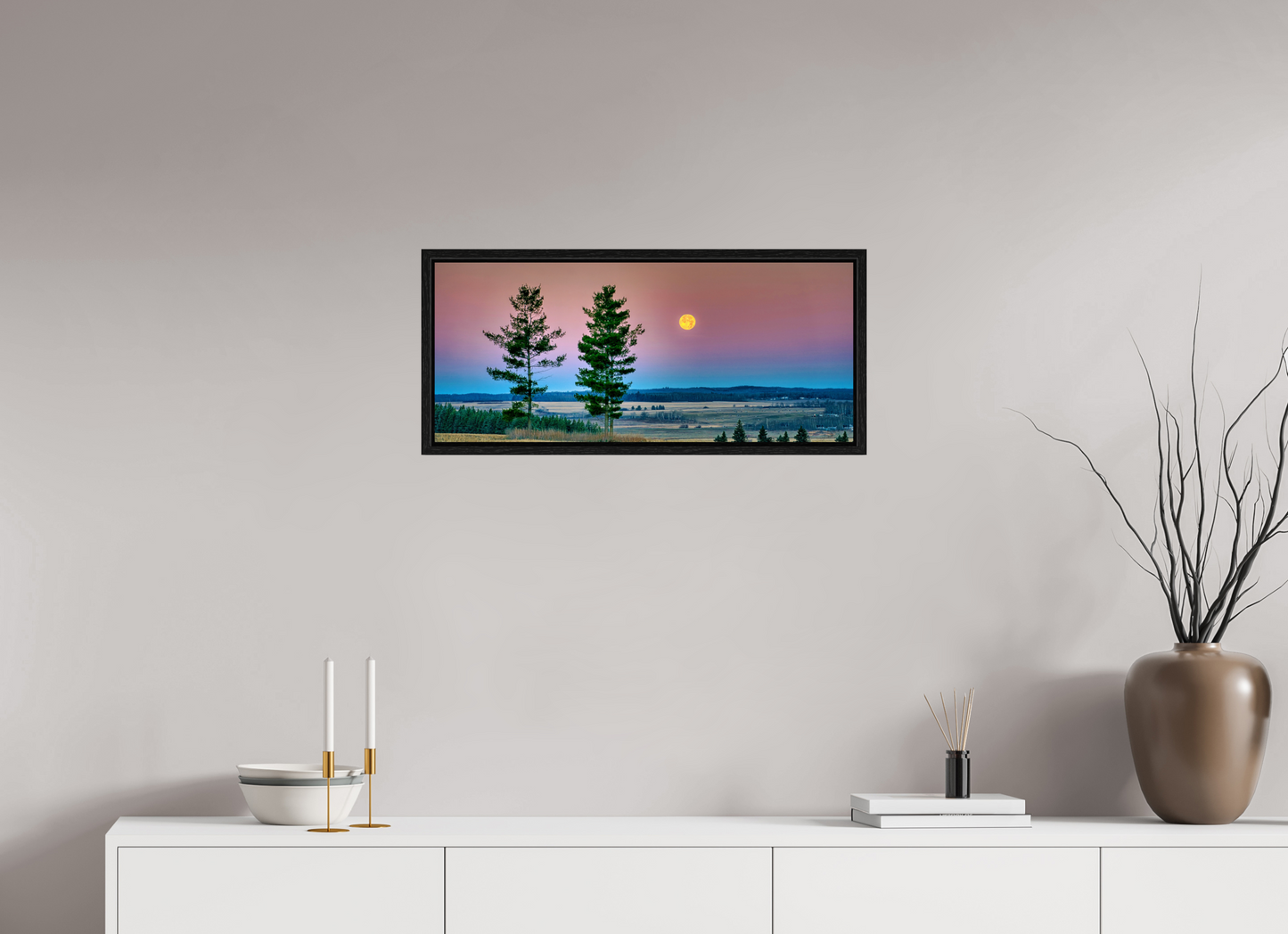 28 x 12″, Floater Frame Morning Prairie Moon