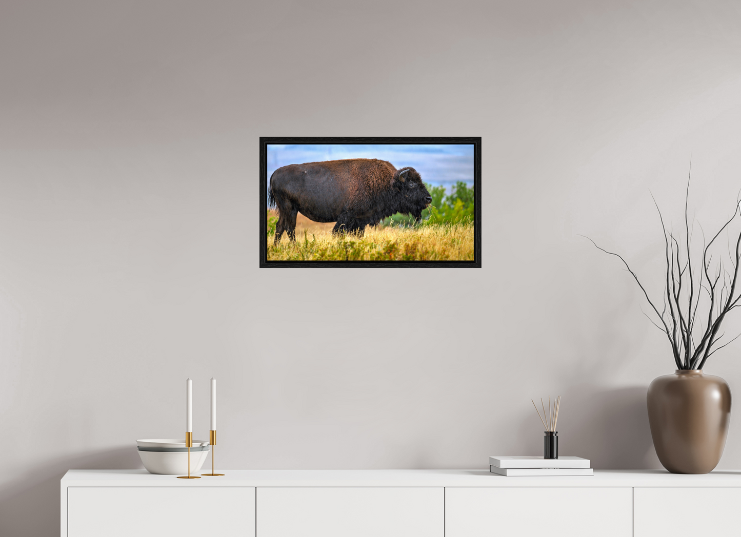 24 x 13.5″, Floater Frame Medora Bison in Rain Metal Acrylic Glass