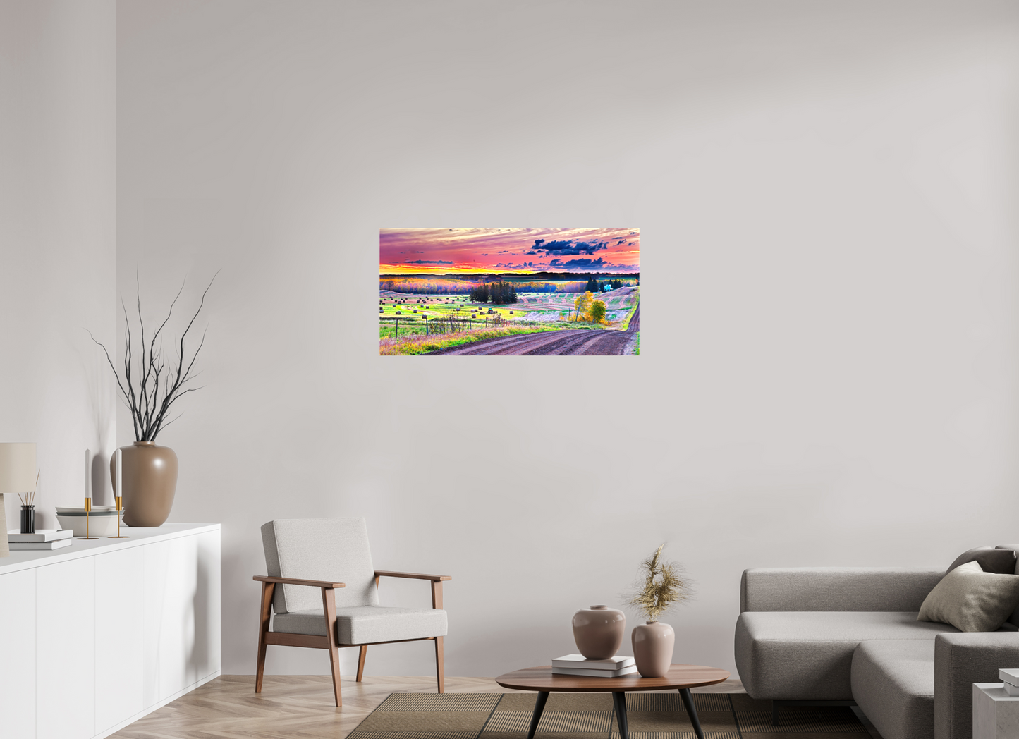 41.2 x 20″, Stretched Canvas Sunrise over Hay Harvest