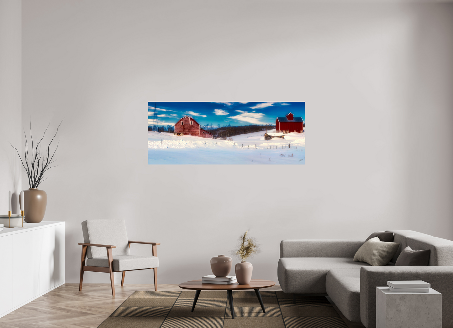 70 x 28″, Acrylic Glass. .16 thick Red Barn in Winter