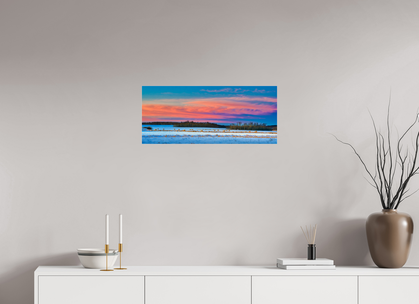 28 x 12″, Photo Print Under Acrylic Glass Hay Bales on Winter Morn Metal Acrylic Glass
