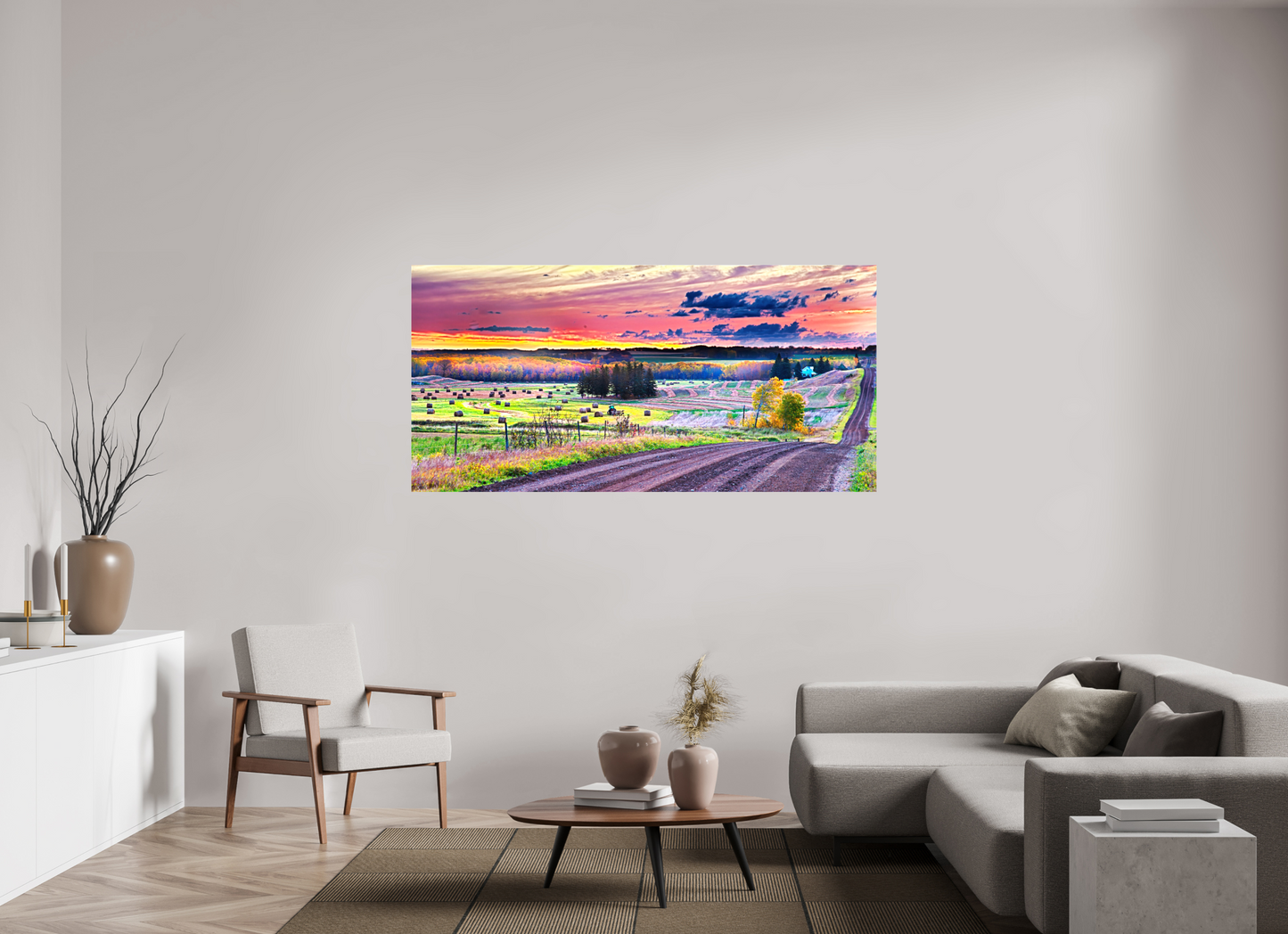 72.1 x 35″, Stretched Canvas Sunrise over Hay Harvest