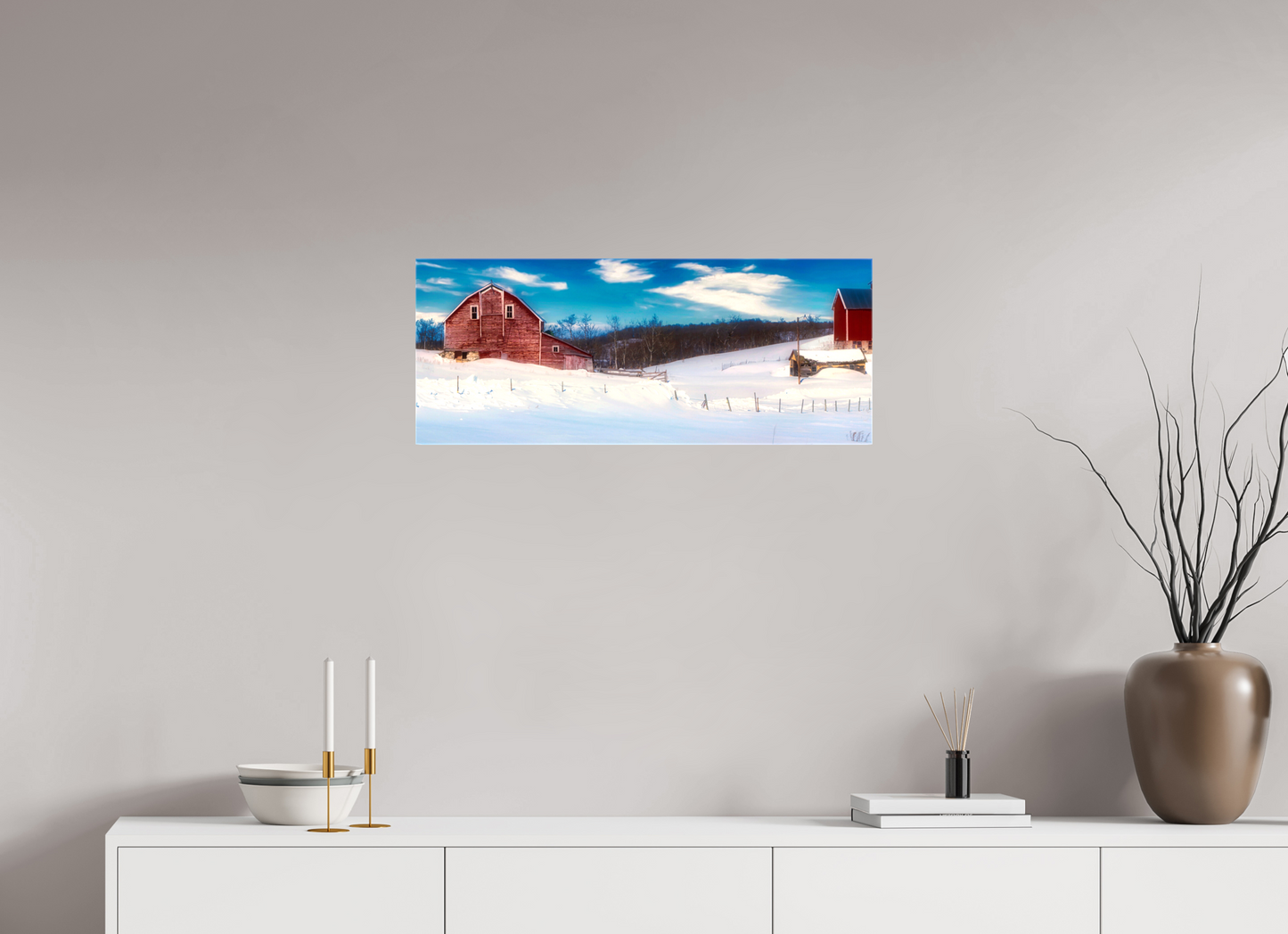 30 x 12″, Stretched Canvas Red Barn in Winter
