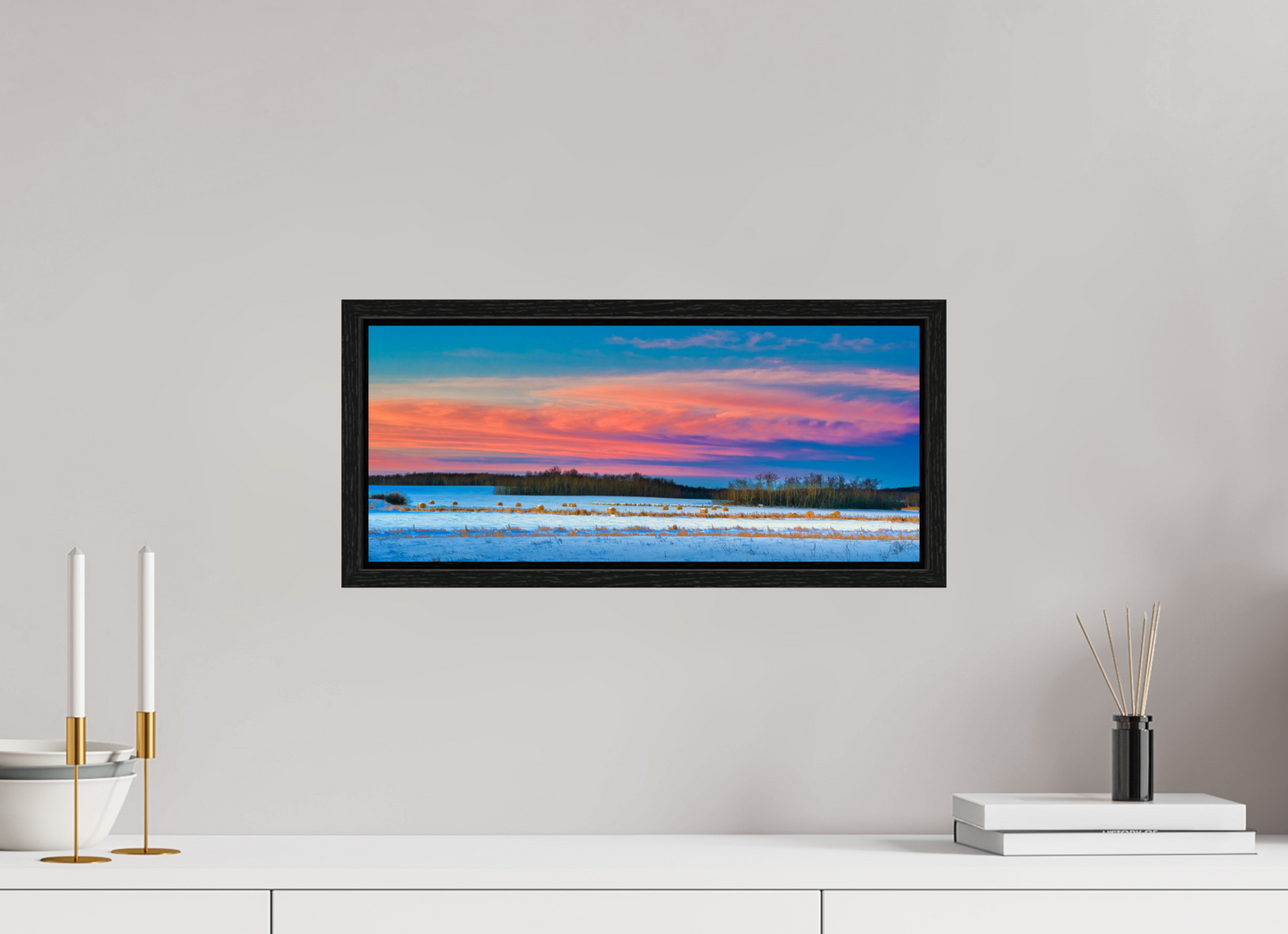 18.7 x 8″, Floater Frame Hay Bales on Winter Morn