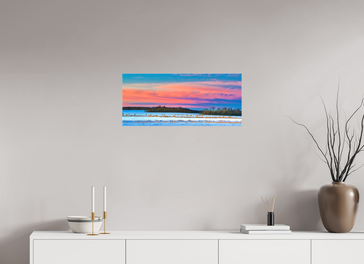 28 x 12″, Fine Textile Canvas Hay Bales on Winter Morn