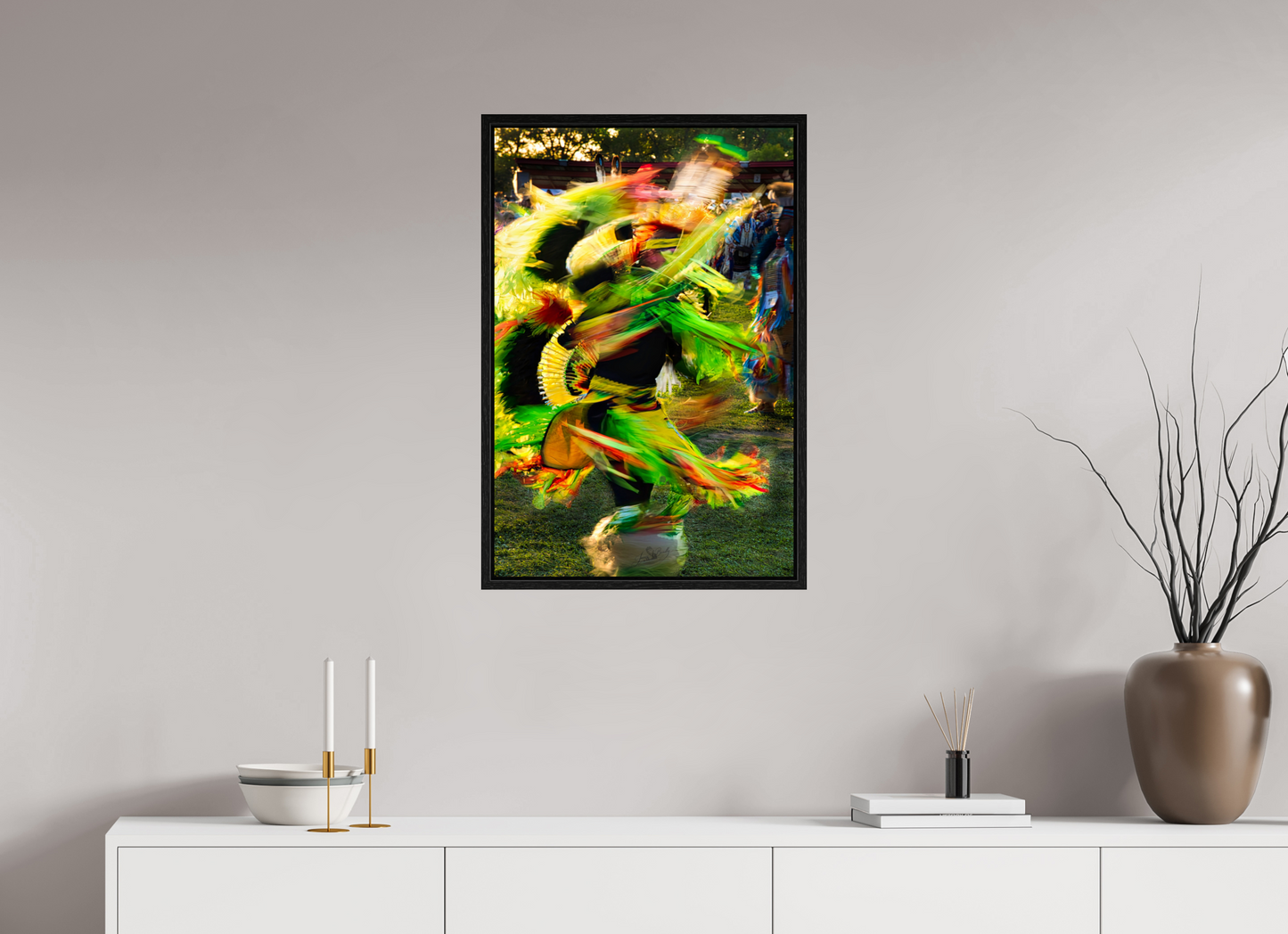 20 x 30″, Floater Frame Powwow dance in motion 1